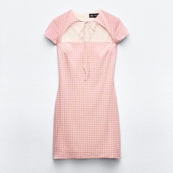 NEW Zara Tied White Pink Gingham Checkered Mini Dress XL L - Picture 7 of 9